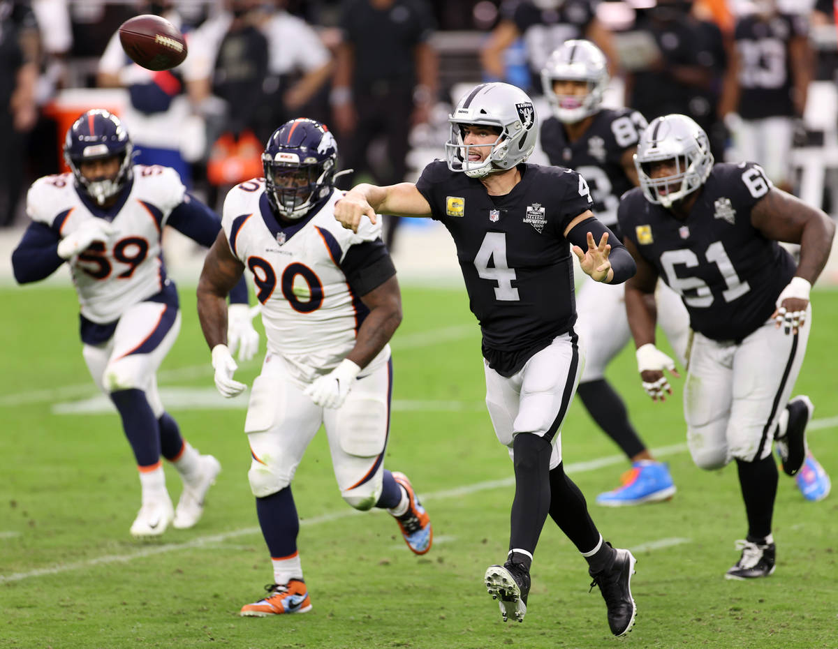 Las Vegas Raiders quarterback Derek Carr (4) throws the ball under pressure from Denver Broncos ...