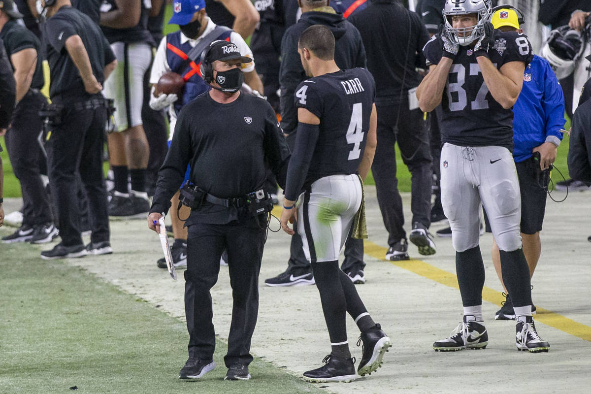 Las Vegas Raiders head coach Jon Gruden, left, interacts with quarterback Derek Carr (4) on the ...