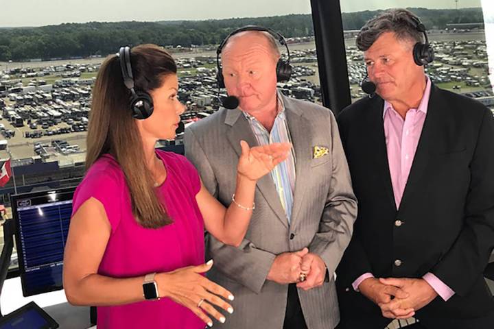 Green Valley High graduate Jamie Little, left, shown in the NASCAR broadcast booth with Larry M ...