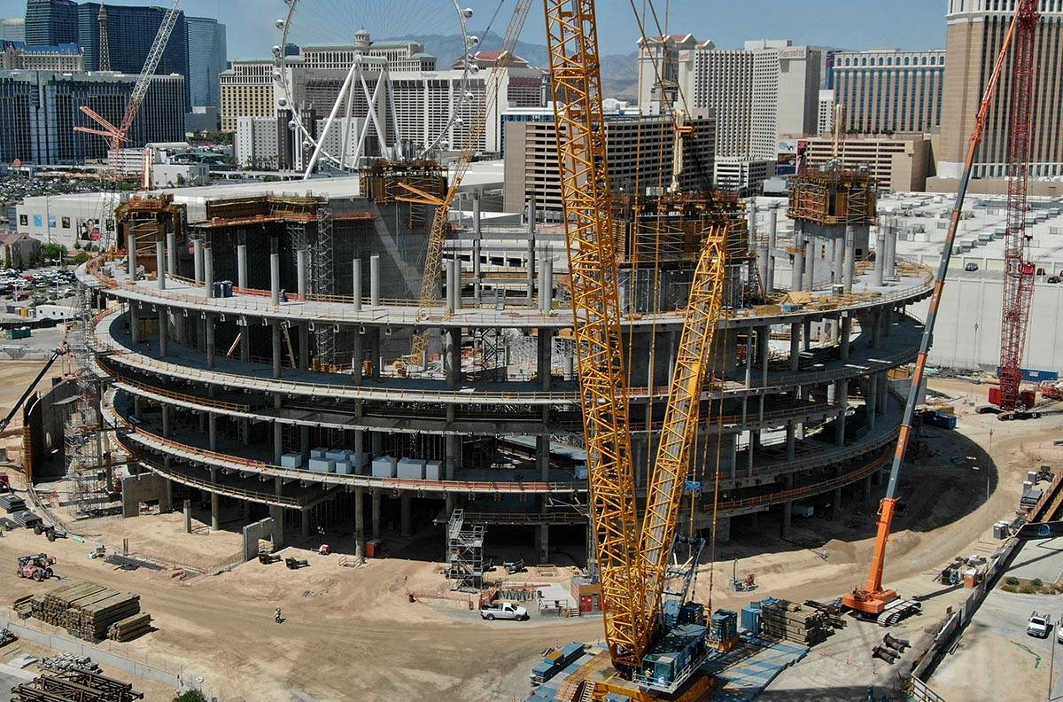 An aerial photo of the construction site at the MSG Sphere with much of the scaffolding removed ...