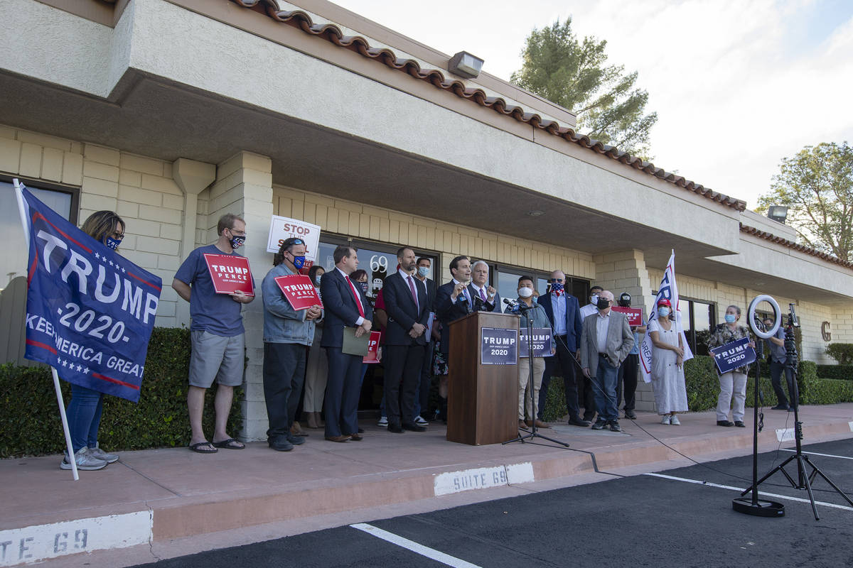 Nevada GOP leaders give a press conference announcing a new elections lawsuit against Clark Cou ...