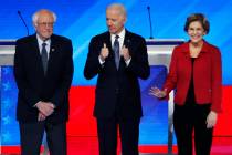 Democratic presidential candidates from left, Sen. Bernie Sanders, I-Vt., former Vice President ...