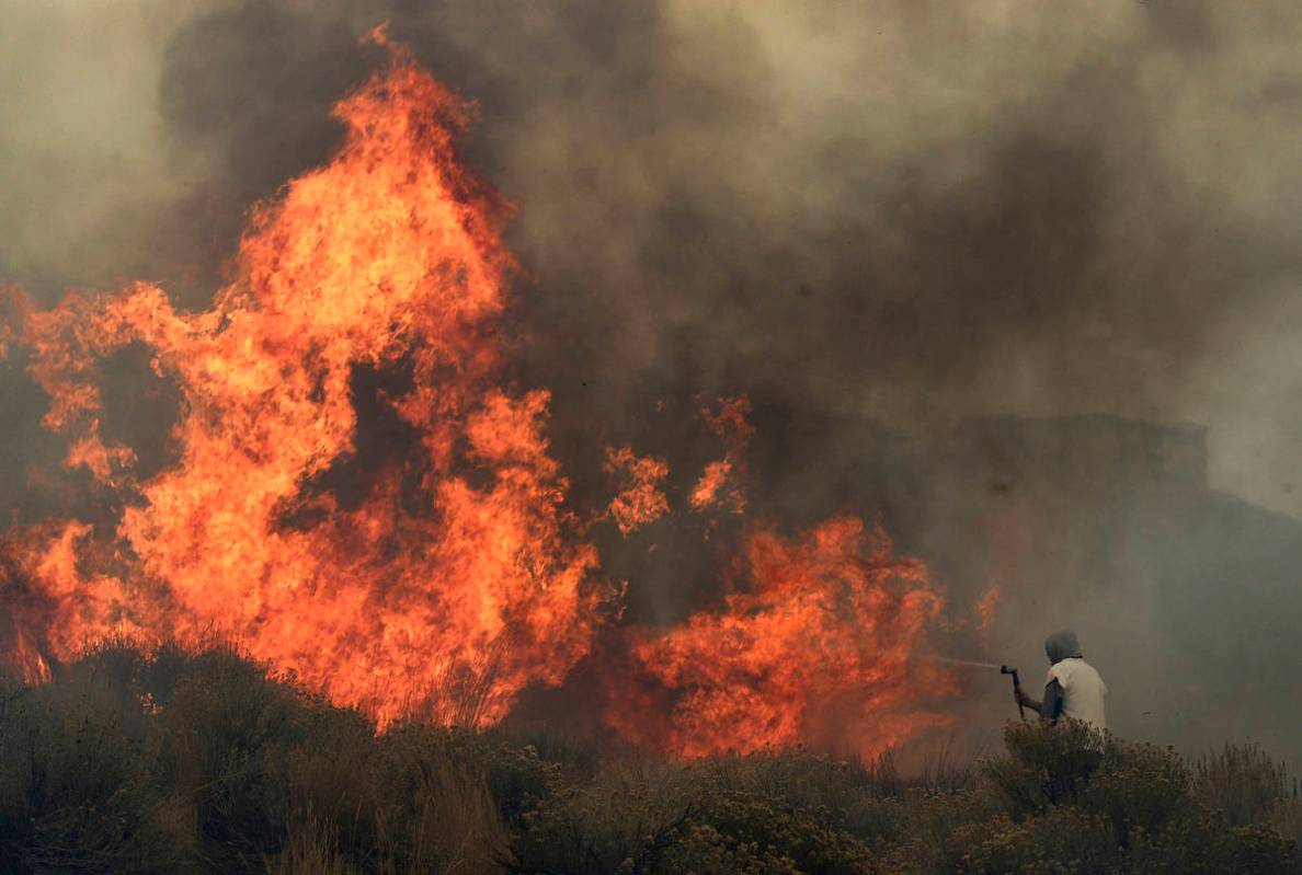 Homeowner Steven Phelps battles the Pinehaven Fire in the Caughlin Ranch area of Reno, Nev., on ...