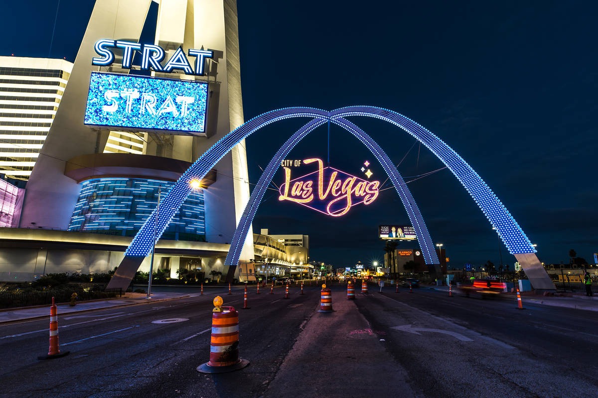 Las Vegas, Nevada, USA. 18th Nov, 2020. (EDITORS NOTE: This image was shot  with a fisheye lens.) The Las Vegas Gateway Arches are seen next to the The  STRAT Hotel, Casino 