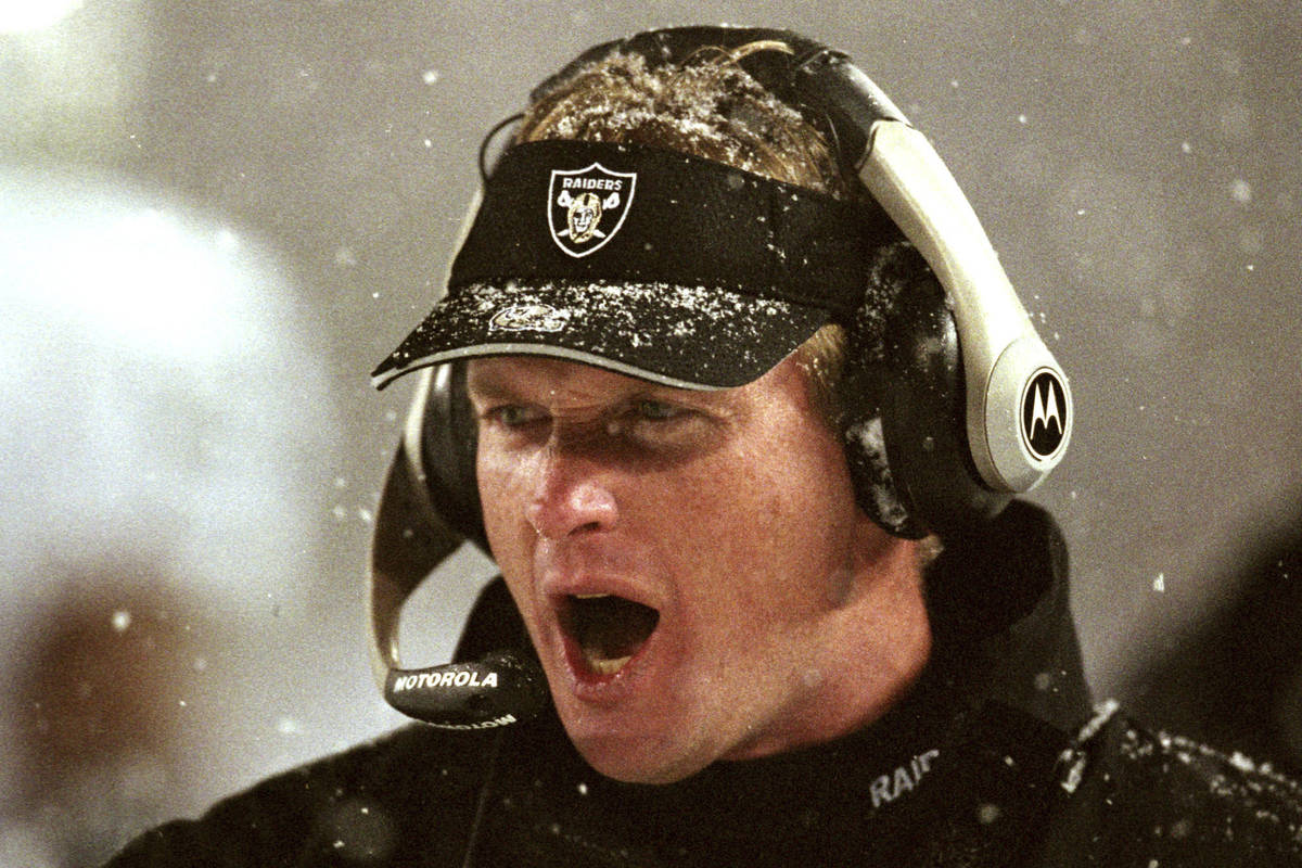 File-Oakland Raiders head coach Jon Gruden shouts instructions during their overtime loss to th ...