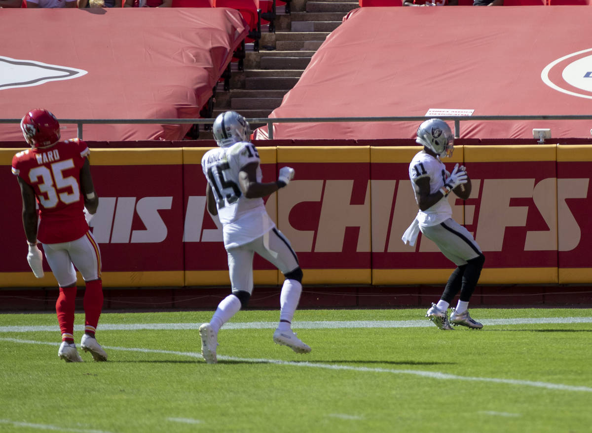 Las Vegas Raiders wide receiver Henry Ruggs III (11) scores a touchdown during the 2nd quarter ...