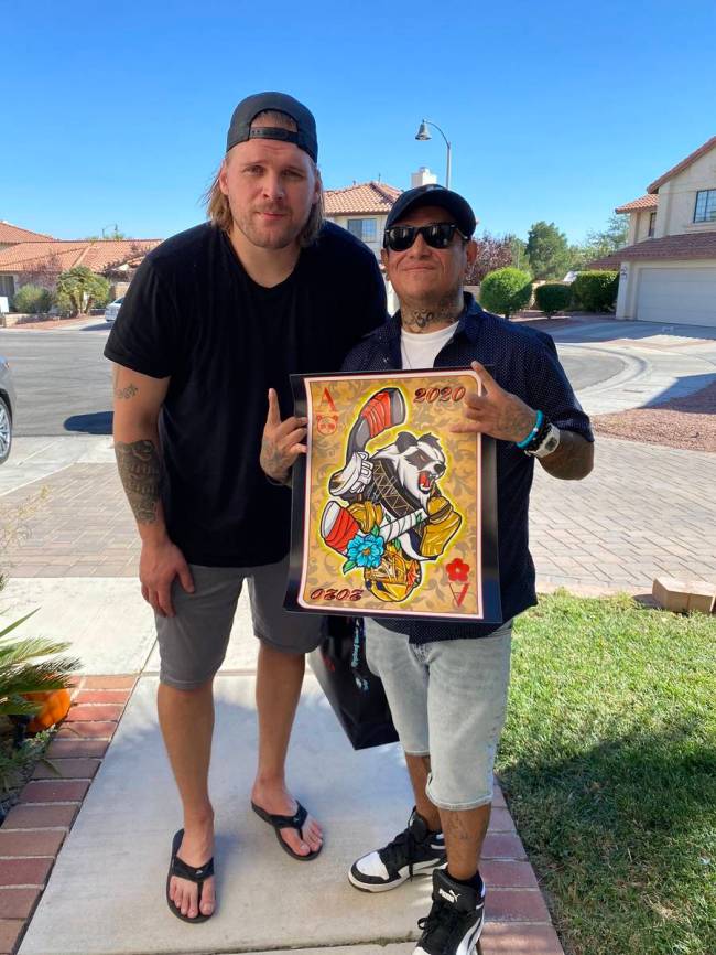 Golden Knights goaltender Robin Lehner, left, and fan Juan Muniz. Photo courtesy of Juan Muniz