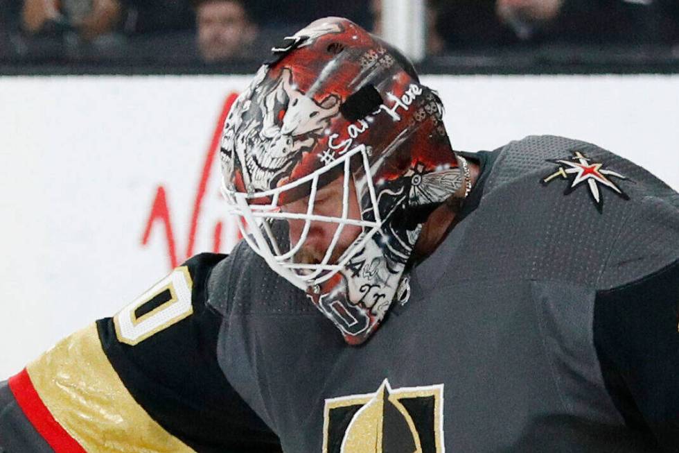 Vegas Golden Knights goaltender Robin Lehner (90) plays against the Buffalo Sabres in an NHL ho ...