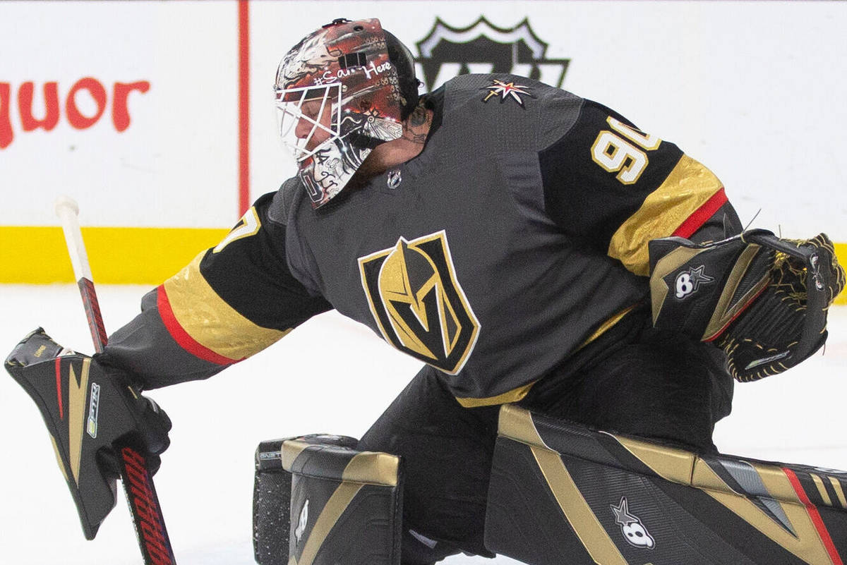 Vegas Golden Knights goaltender Robin Lehner (90) makes a save in the second period during an N ...