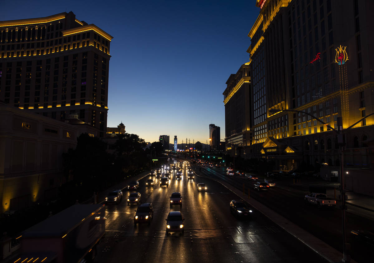 Traffic moves down Flamingo Road while approaching the Las Vegas Strip Thursday, Nov. 19, 2020. ...
