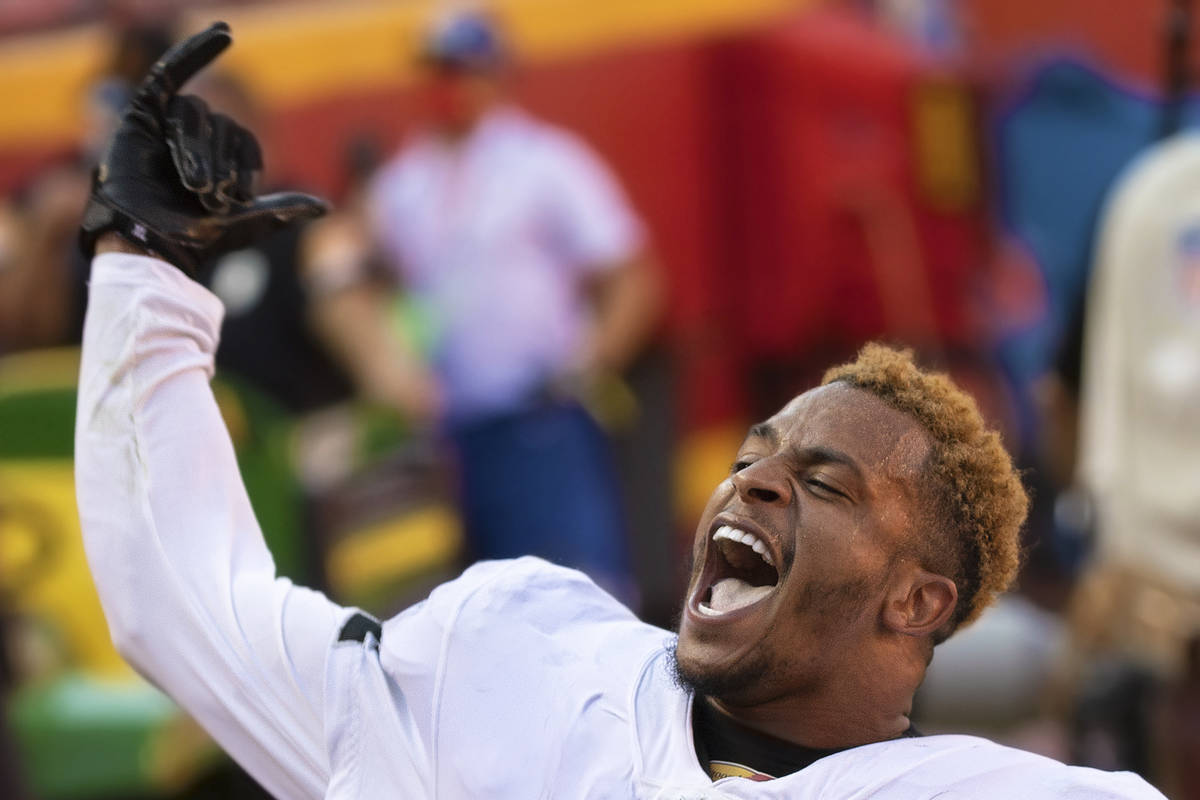 Las Vegas Raiders strong safety Johnathan Abram (24) celebrates after defeating the Kansas City ...
