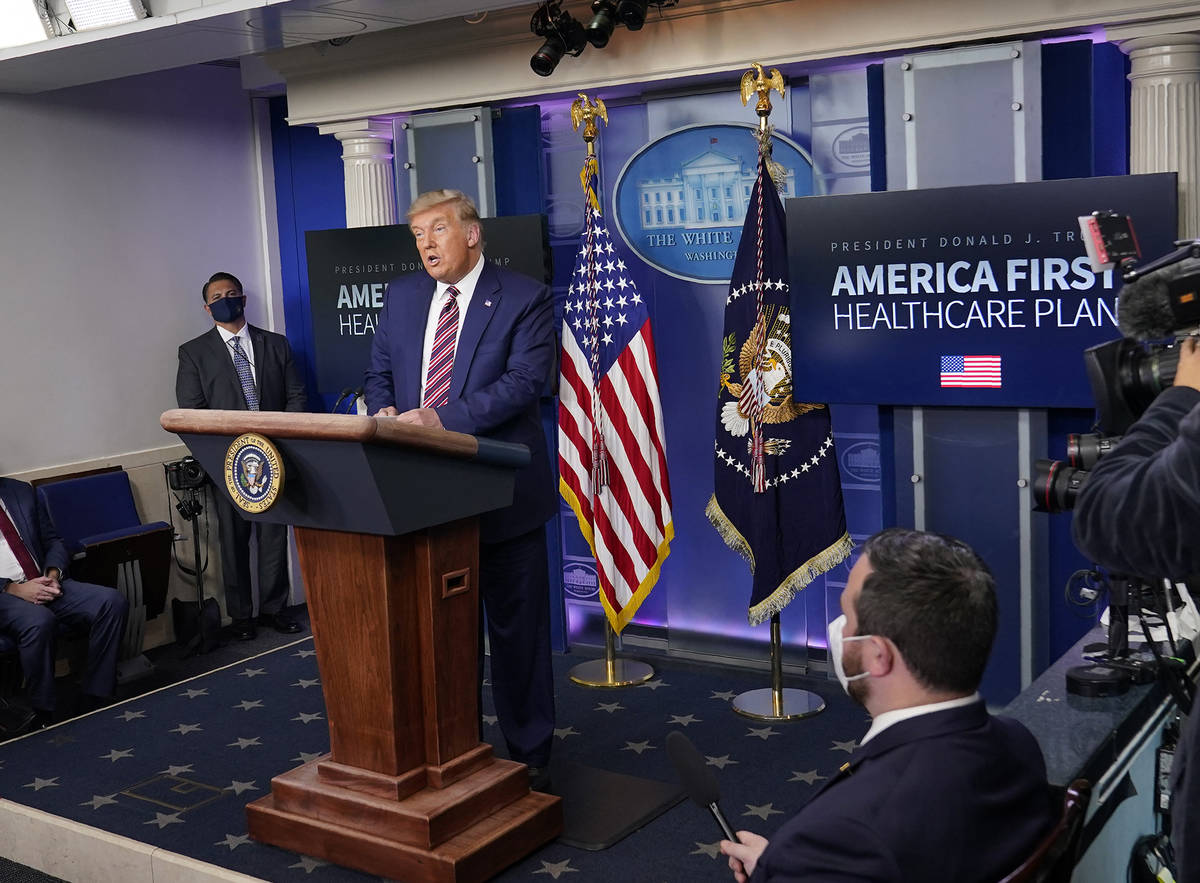 President Donald Trump speaks during an event in the briefing room of the White House in Washin ...