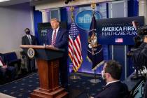 President Donald Trump speaks during an event in the briefing room of the White House in Washin ...