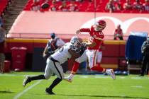 Las Vegas Raiders defensive end Datone Jones (95) pressures Kansas City Chiefs quarterback Patr ...