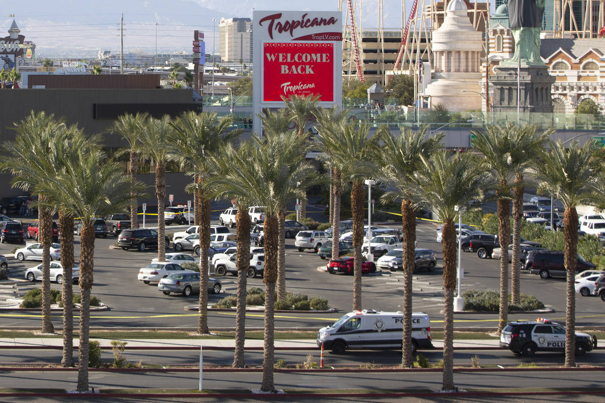 Metropolitan police investigate a shooting at Tropicana on Saturday, Nov. 21, 2020, in Las Vega ...
