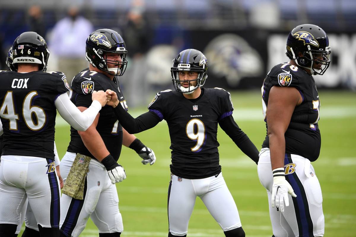 Baltimore Ravens kicker Justin Tucker (9) reacts after kicking a field goal against the Tenness ...