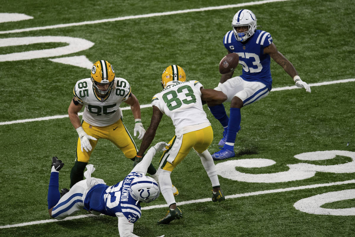 Indianapolis Colts safety Julian Blackmon (32) knocks the ball away from Green Bay Packers wide ...