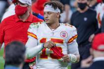 Kansas City Chiefs quarterback Patrick Mahomes (15) walks off the field after defeating the Las ...