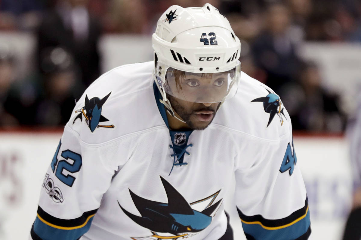 In this Feb. 18, 2017, file photo, San Jose Sharks right wing Joel Ward lines up against the Ar ...