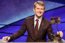 This image released by ABS shows contestant Ken Jennings with a trophy on "JEOPARDY! The G ...