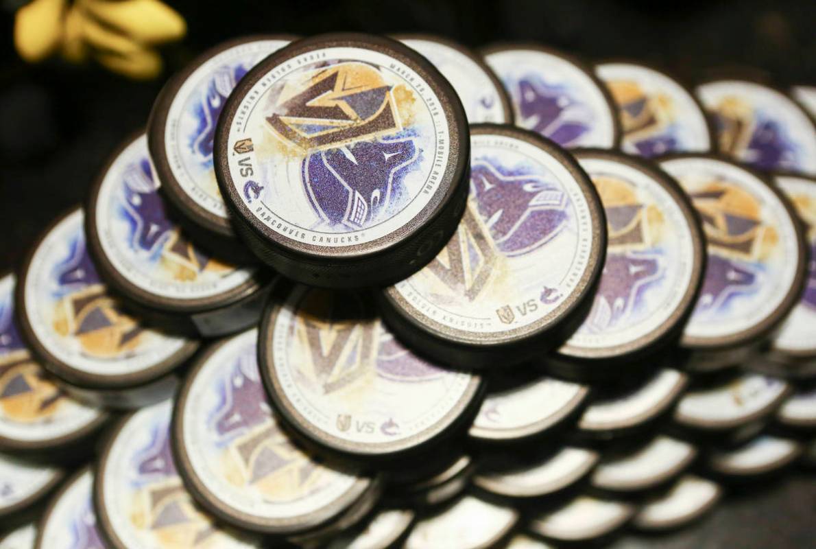 Limited edition gameday pucks available to customers before the Golden Knights play the Vancouv ...