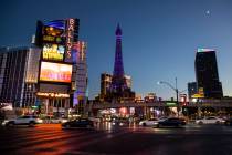 Traffic passes on the Las Vegas Strip Thursday, Nov. 19, 2020. (Chase Stevens/Las Vegas Review- ...
