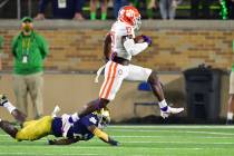 Clemson wide receiver Cornell Powell (17) runs with a reception for a touchdown as Notre Dame c ...