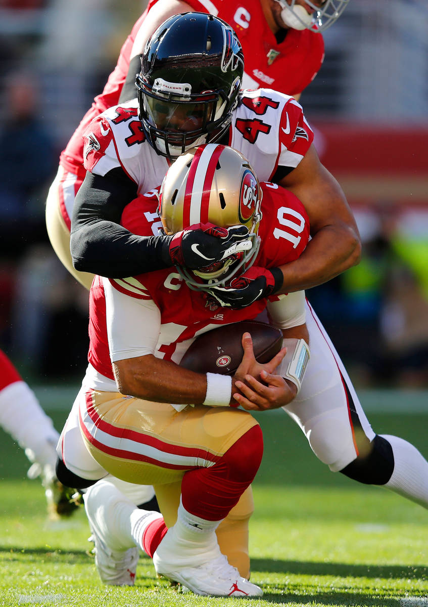 Atlanta Falcons defensive end Vic Beasley (44) sacks San Francisco 49ers quarterback Jimmy Garo ...