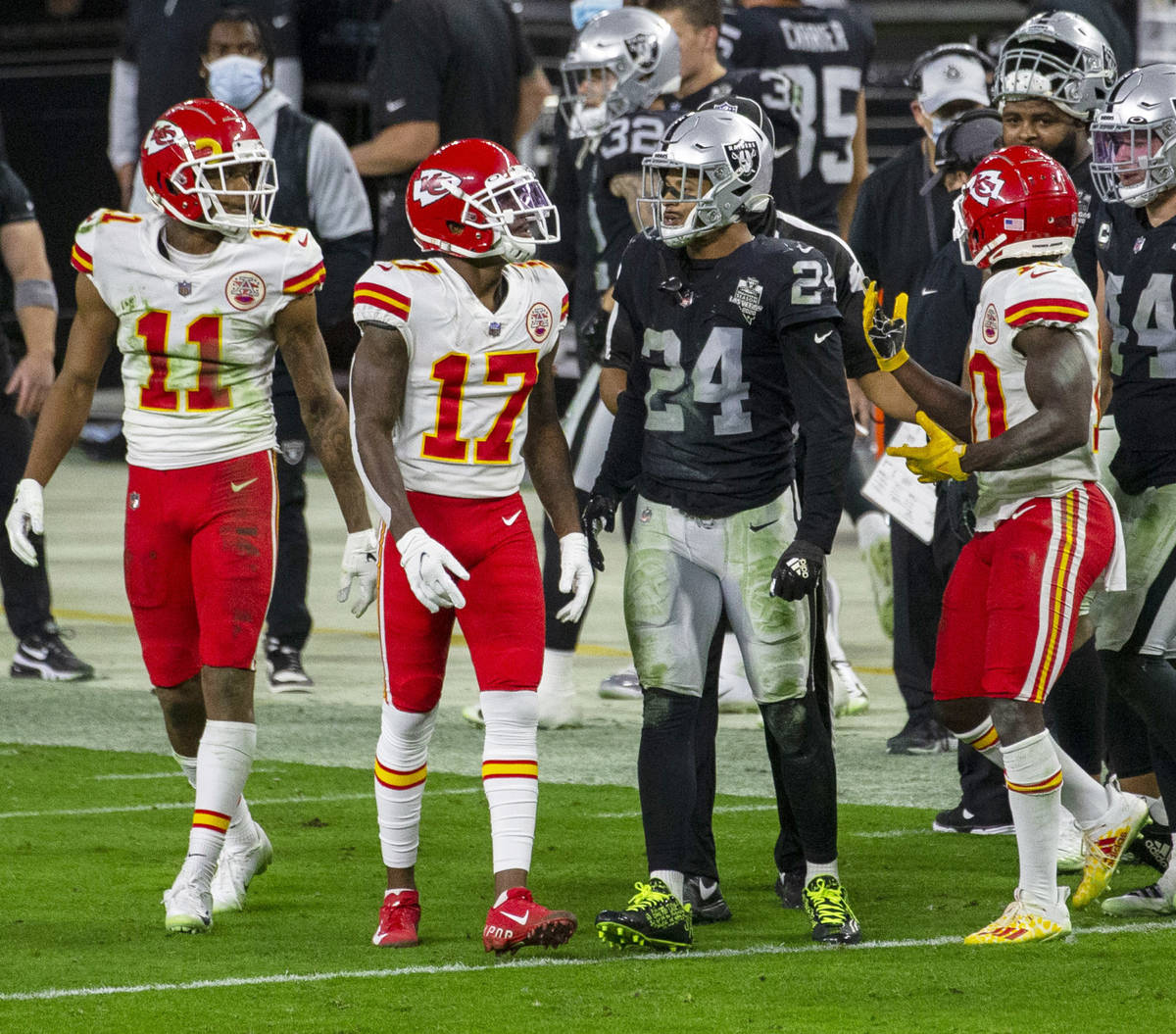 Kansas City Chiefs wide receivers Demarcus Robinson (11), Mecole Hardman (17) and Tyreek Hill ( ...