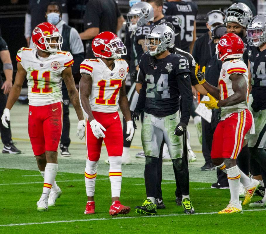 Kansas City Chiefs wide receivers Demarcus Robinson (11), Mecole Hardman (17) and Tyreek Hill ( ...