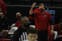 UNLV Rebels head coach T. J. Otzelberger reacts after a play against Montana State Bobcats duri ...