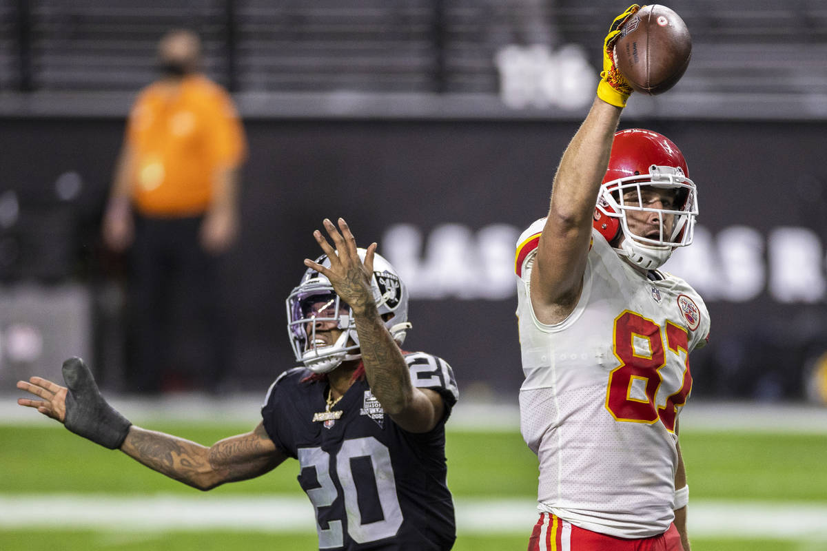 Kansas City Chiefs tight end Travis Kelce (87) celebrates after catching the winning touchdown ...
