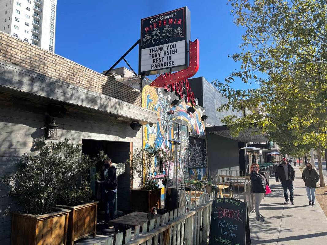A message to Tony Hsieh is posted at Evel Pie in Las Vegas, Saturday, Nov. 28, 2020. (Kevin Ca ...