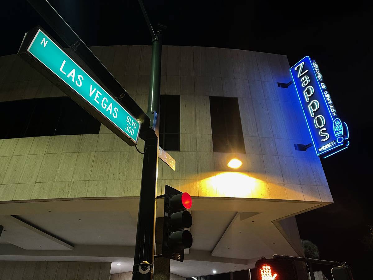 A Zappos sign is seen at Las Vegas Boulevard, Saturday, Nov. 28, 2020, in Las Vegas. (Kevin Can ...