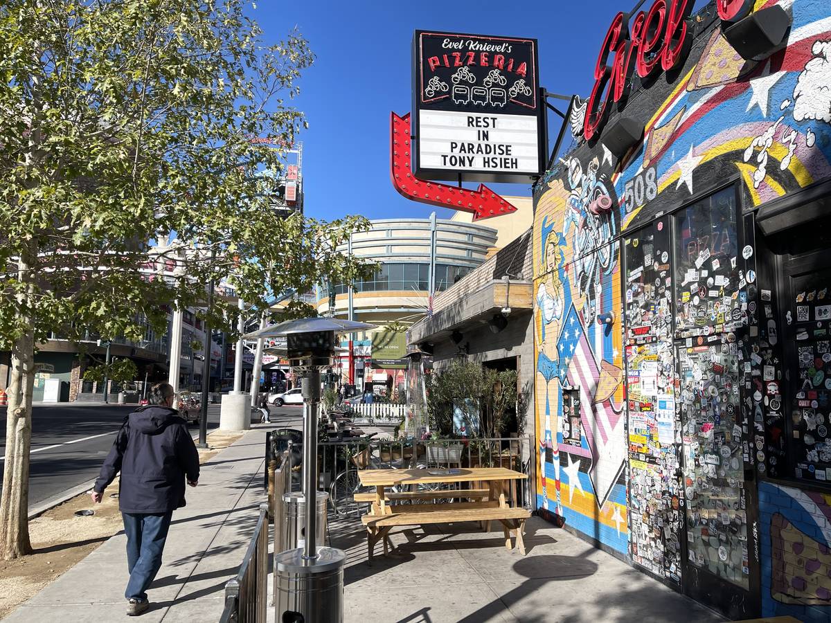 A message to Tony Hsieh is posted at Evel Pie in Las Vegas, Saturday, Nov. 28, 2020. (Kevin Ca ...