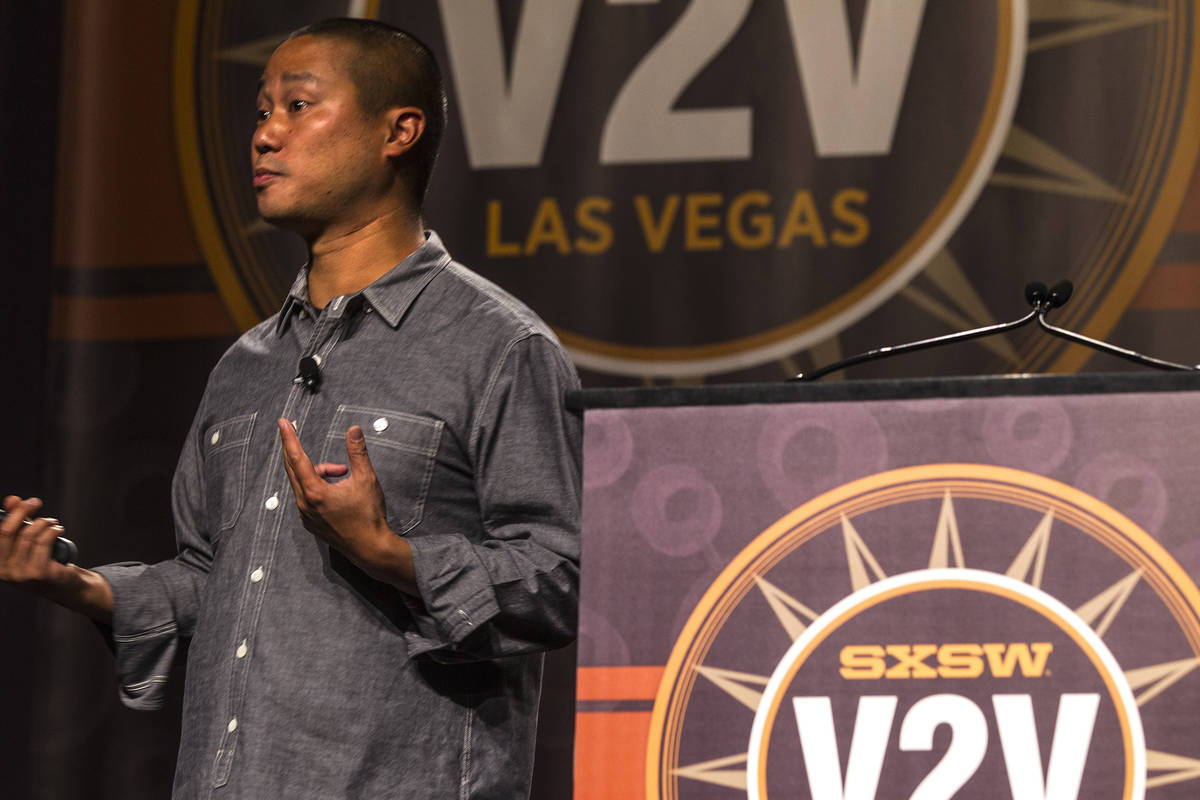 Zappos.com CEO and Downtown Project head Tony Hsieh speaks during his keynote at SXSW V2V meeti ...