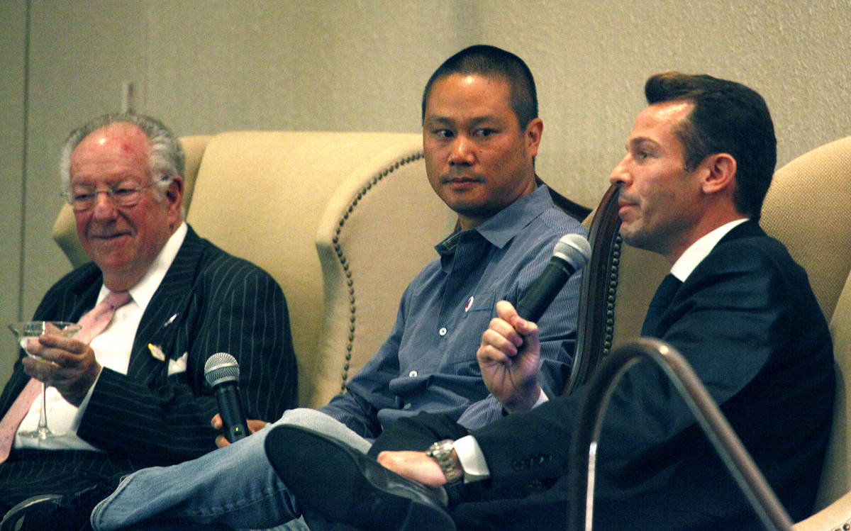 Former Las Vegas Mayor, Oscar Goodman, left, Zappos CEO, Tony Hsieh, center, listen to Seth Sch ...