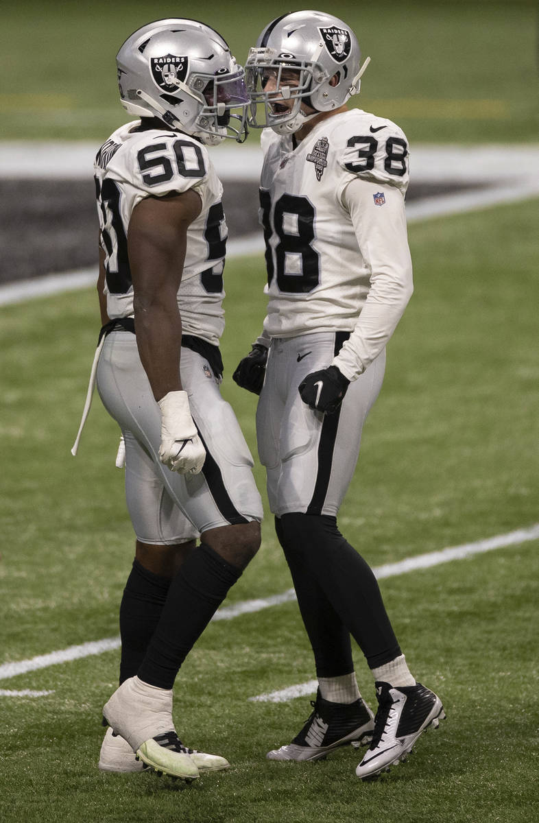 Las Vegas Raiders strong safety Jeff Heath (38) and Las Vegas Raiders outside linebacker Nichol ...