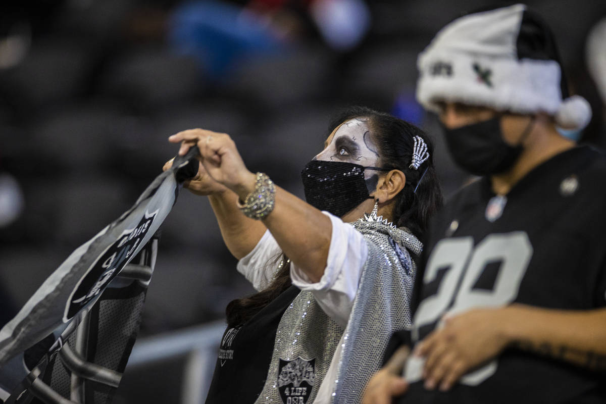 Raiders fans during an NFL football game against the Atlanta Falcons on Sunday, Nov. 29, 2020, ...