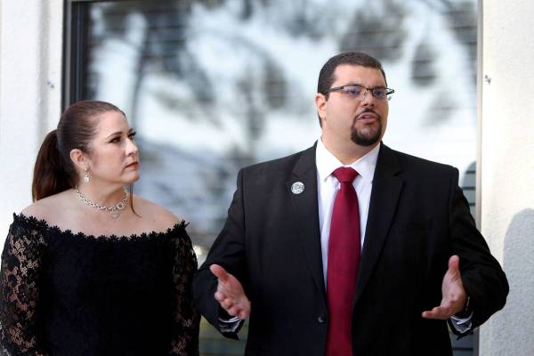 Nye County Commissioner Leo Blundo, right, stands with his wife Melissa at a Pahrump press conf ...