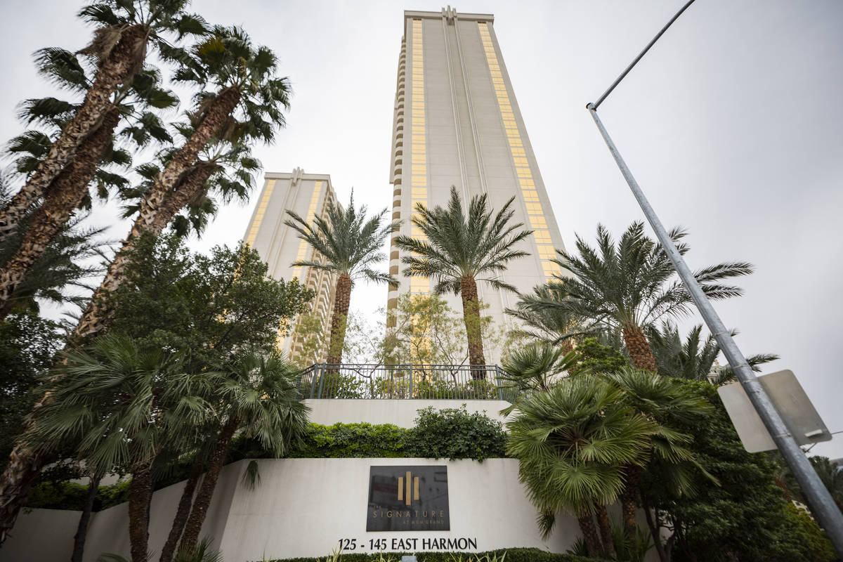 The Signature at MGM Grand is seen adjacent to the Las Vegas Strip on East Harmon Avenue on Fri ...