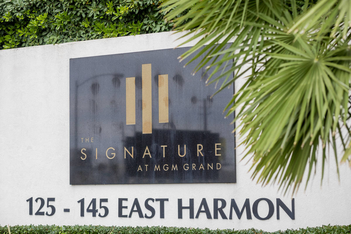 The Signature at MGM Grand is seen adjacent to the Las Vegas Strip on East Harmon Avenue on Fri ...