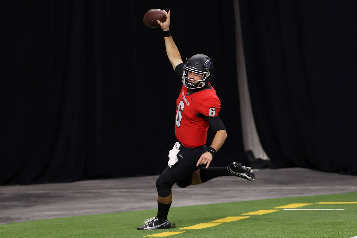 UNLV Rebels quarterback Max Gilliam (6) celebrates a rushing touchdown against the Fresno State ...