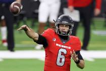 UNLV Rebels quarterback Max Gilliam (6) makes a pass against the Fresno State Bulldogs during t ...