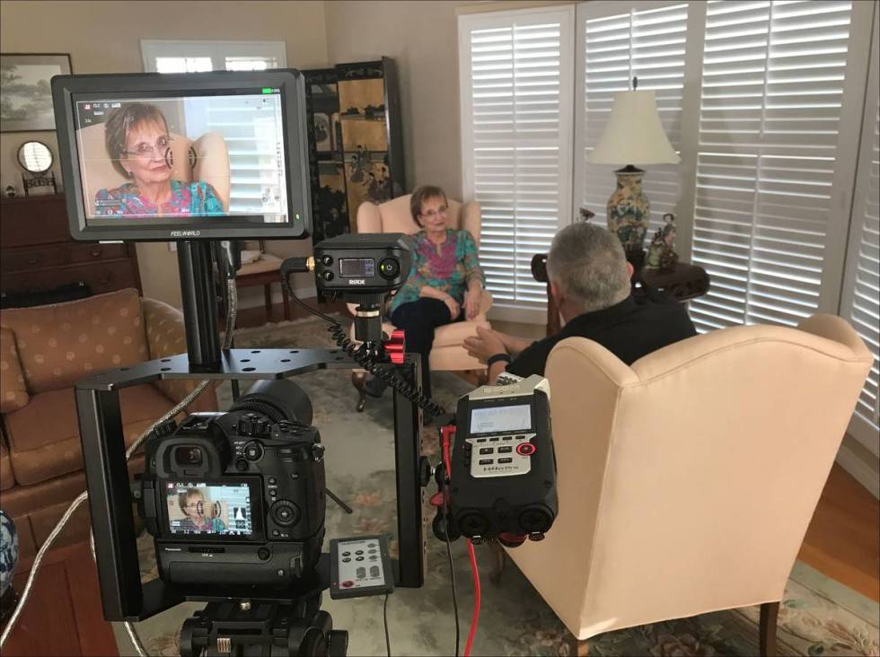 Warren and Annette Hull film an interview with Marynelle Evans, niece of U.S.S. Arizona Band me ...