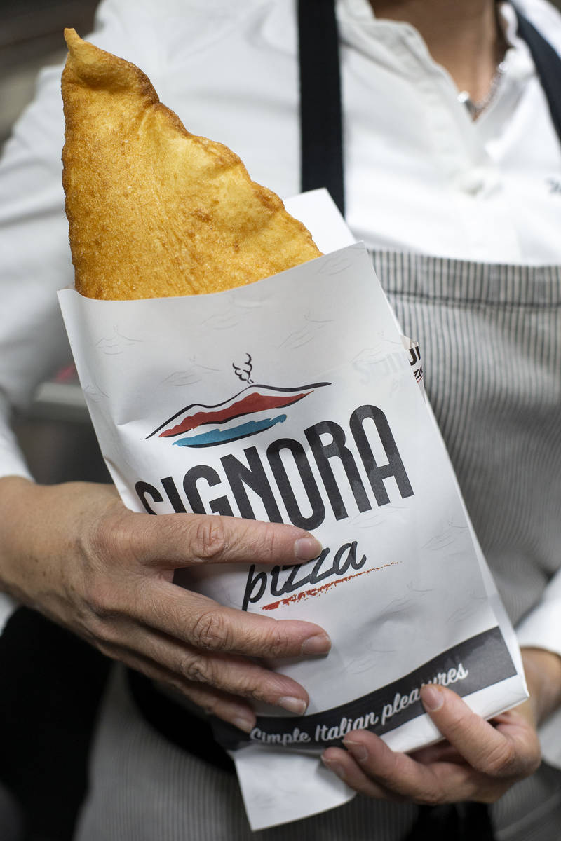 A fried pizza prepared on the Signora Pizza food truck. (Ellen Schmidt/Las Vegas Review-Journal ...