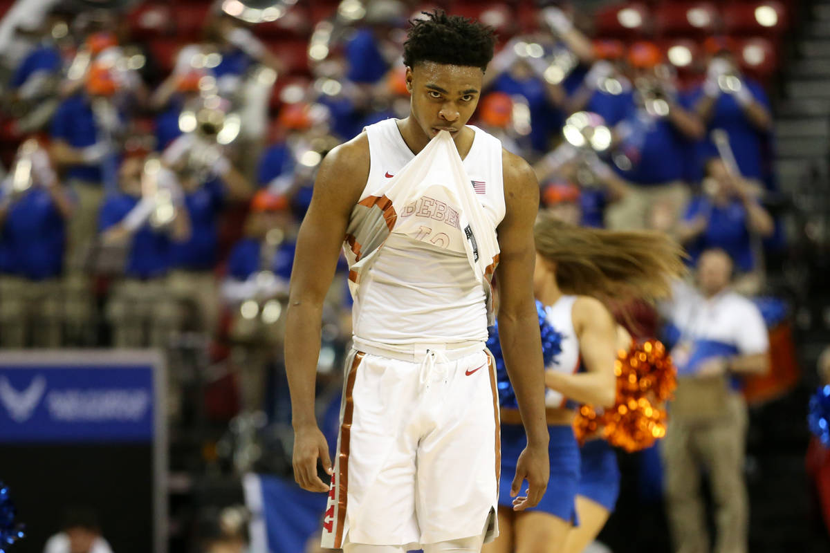UNLV Rebels guard Bryce Hamilton (13) reacts after a loss against Boise State Broncos in the Mo ...