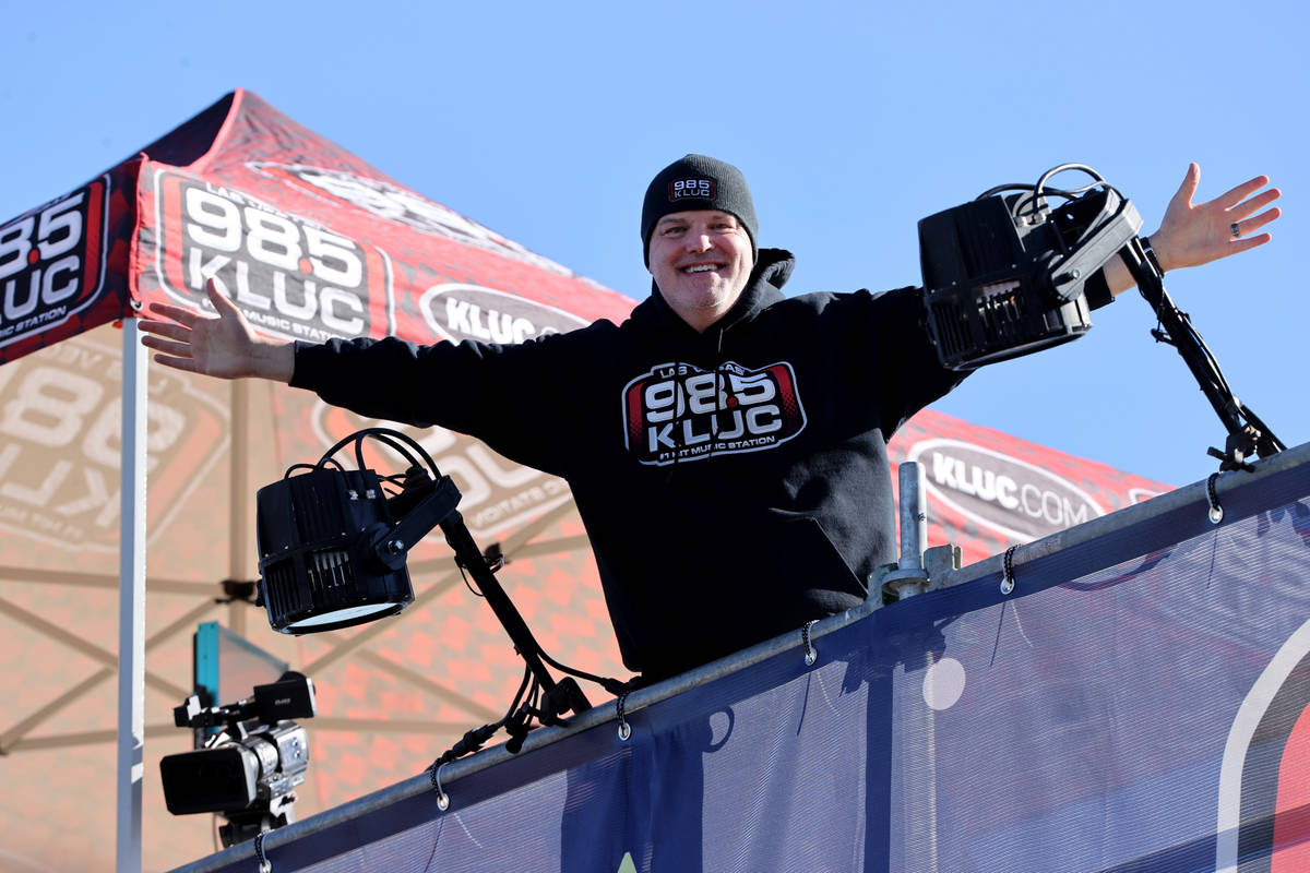Chet Buchanan of KLUC-FM atop a 30-foot scaffolding during his toy drive in the NV Energy parki ...