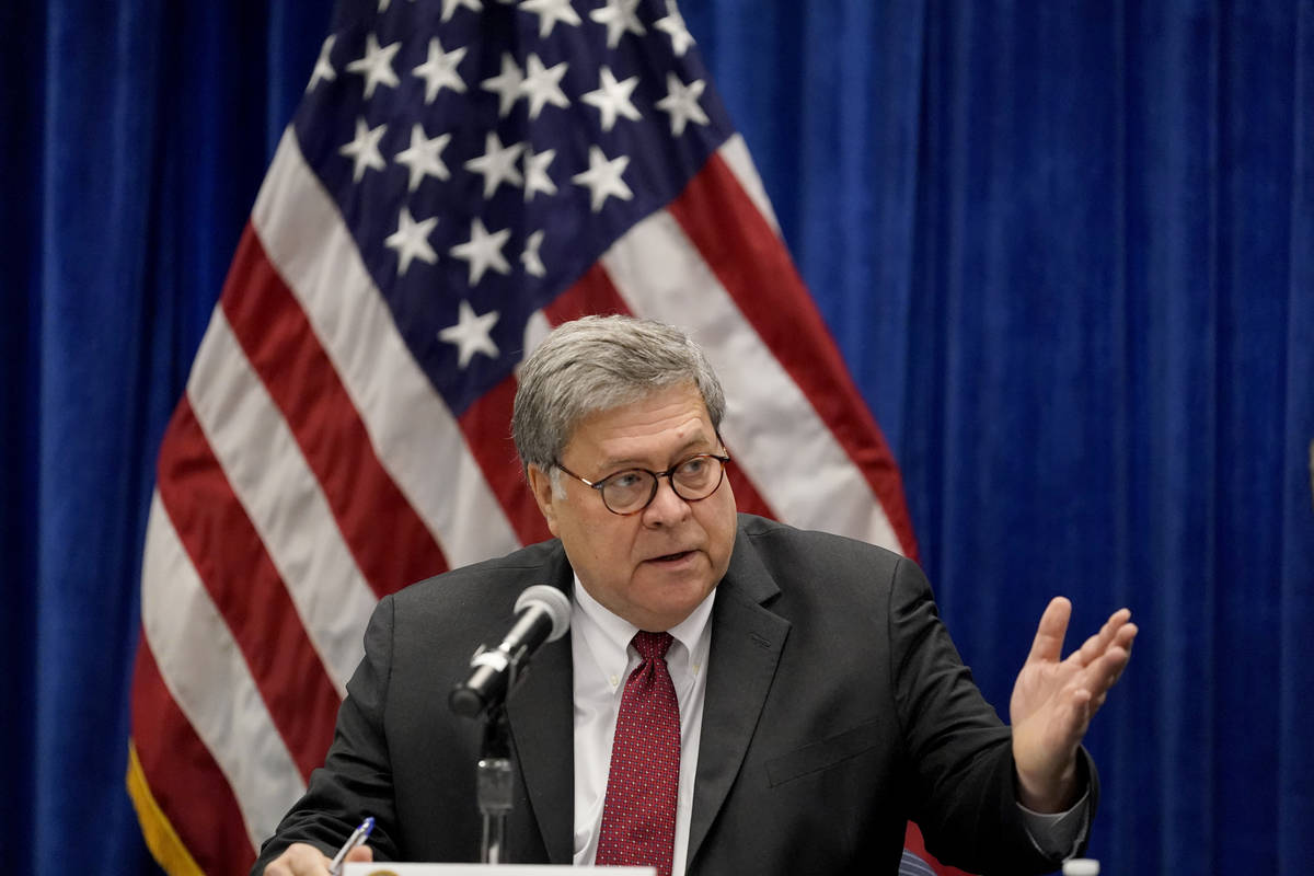 In this Oct. 15, 2020, file photo U.S. Attorney General William Barr speaks during a roundtable ...
