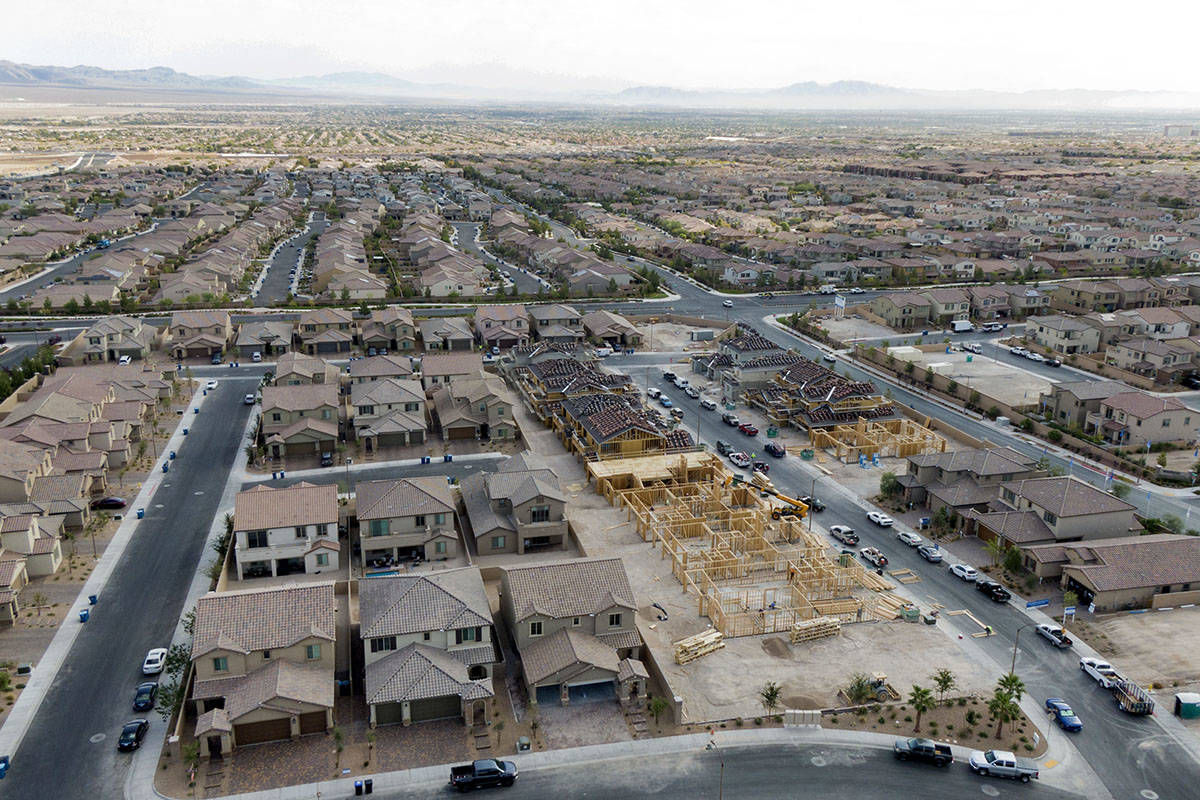 An aerial view of new home construction near Skye Village Road and Eagle Canyon Avenue on Monda ...